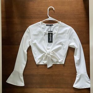 White cropped long sleeve tie front Boohoo shirt